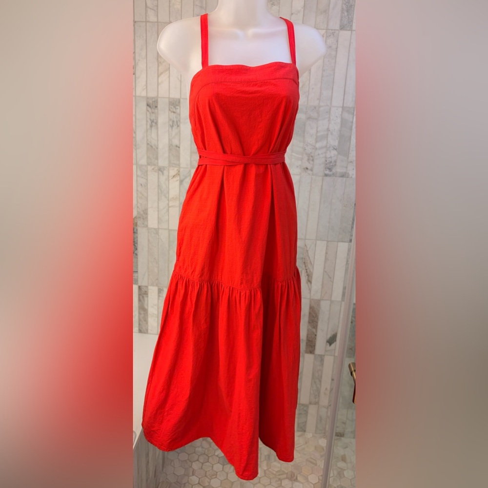 Everlane Red Tiered Seersucker Midi Dress with Waist Tie